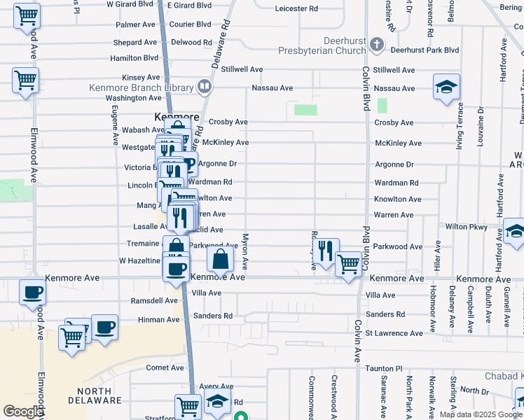 map of restaurants, bars, coffee shops, grocery stores, and more near 115 Warren Avenue in Kenmore