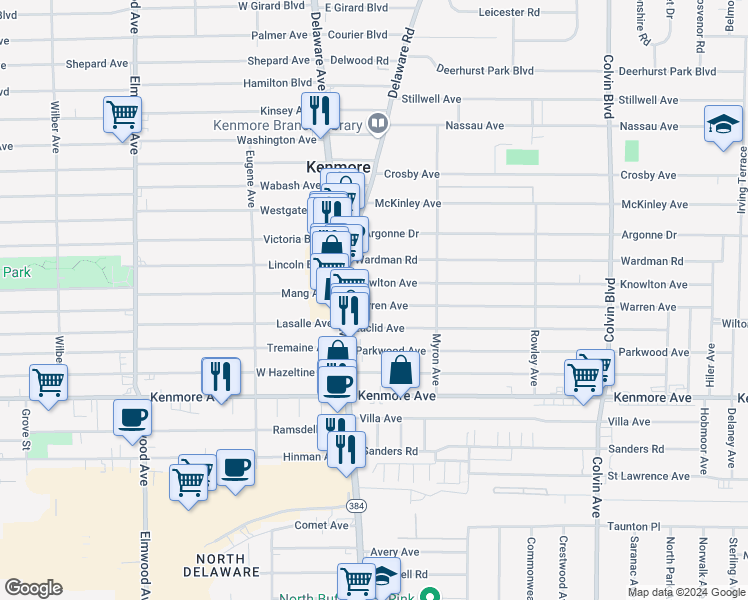 map of restaurants, bars, coffee shops, grocery stores, and more near 36 Warren Avenue in Kenmore