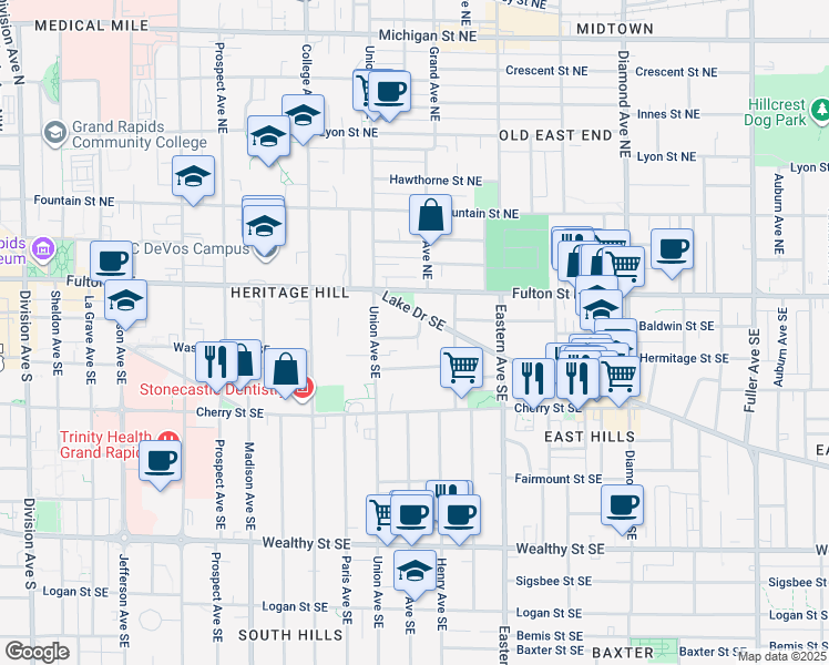 map of restaurants, bars, coffee shops, grocery stores, and more near 630 Windsor Terrace Southeast in Grand Rapids