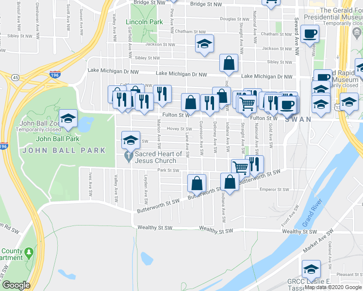 map of restaurants, bars, coffee shops, grocery stores, and more near 1026 Watson Street Southwest in Grand Rapids