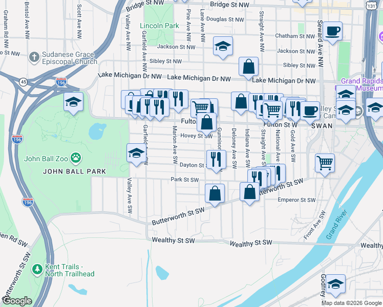 map of restaurants, bars, coffee shops, grocery stores, and more near 1026 Watson Street Southwest in Grand Rapids