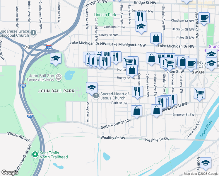 map of restaurants, bars, coffee shops, grocery stores, and more near 117 Marion Avenue Southwest in Grand Rapids