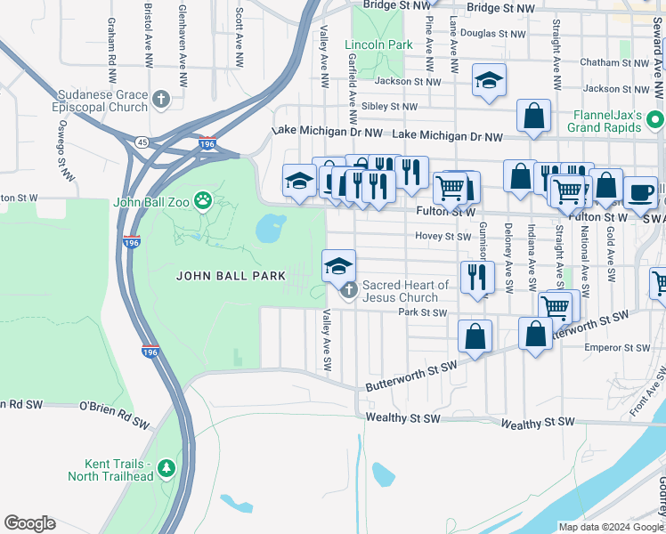map of restaurants, bars, coffee shops, grocery stores, and more near 1217 Dayton Street Southwest in Grand Rapids