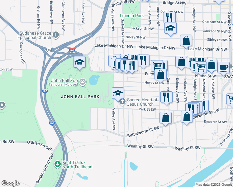 map of restaurants, bars, coffee shops, grocery stores, and more near 104 Valley Avenue Southwest in Grand Rapids