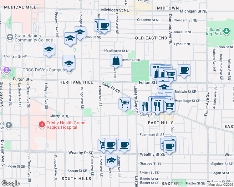 map of restaurants, bars, coffee shops, grocery stores, and more near 47 Packard Avenue Southeast in Grand Rapids