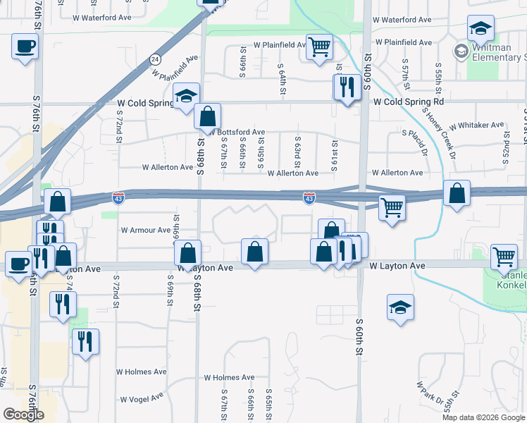 map of restaurants, bars, coffee shops, grocery stores, and more near 6455 West English Meadows Drive in Greenfield