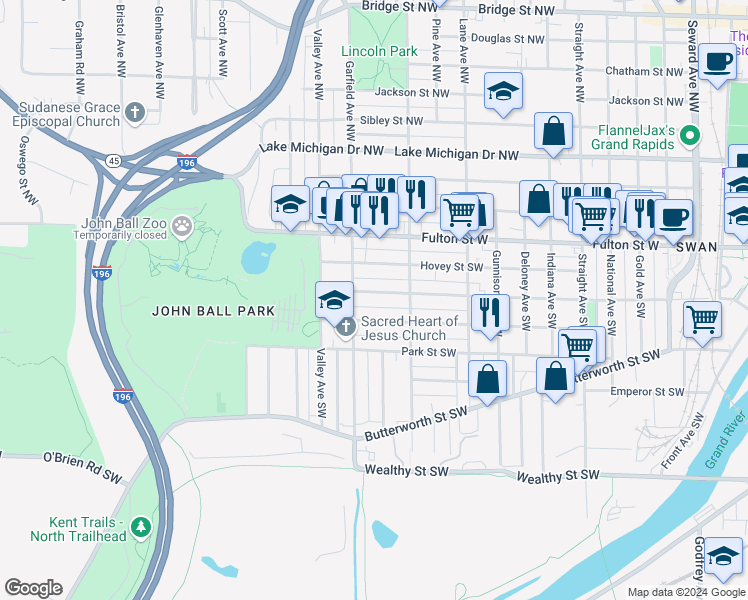 map of restaurants, bars, coffee shops, grocery stores, and more near 1136 Watson St SW in Grand Rapids