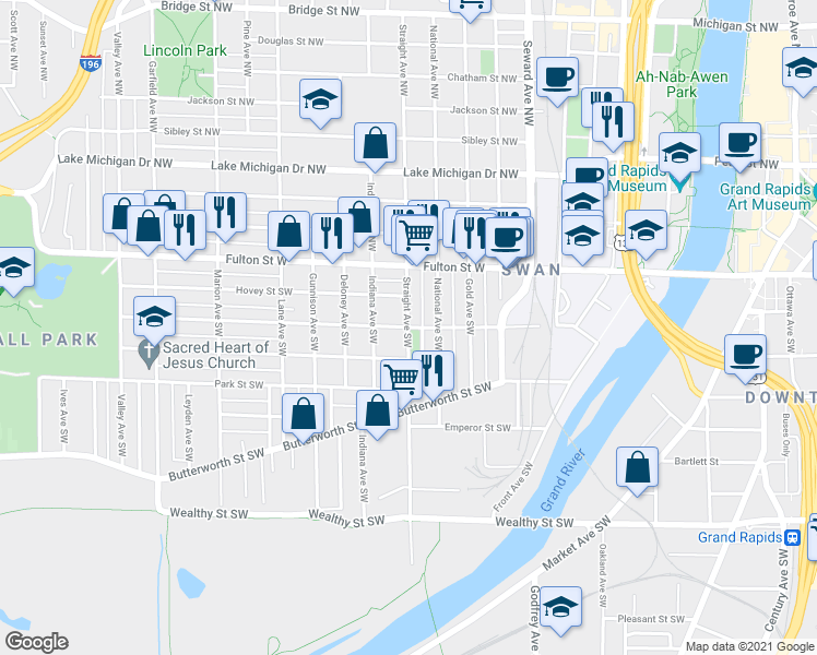 map of restaurants, bars, coffee shops, grocery stores, and more near Watson Street Southwest & Straight Avenue Southwest in Grand Rapids