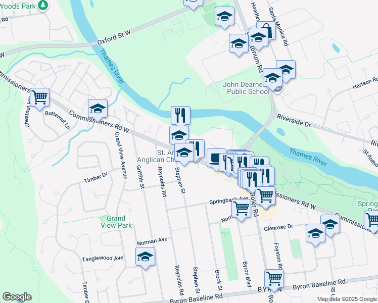 map of restaurants, bars, coffee shops, grocery stores, and more near 1355 Commissioners Road West in London