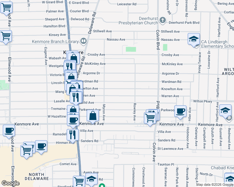 map of restaurants, bars, coffee shops, grocery stores, and more near 156 Warren Avenue in Kenmore