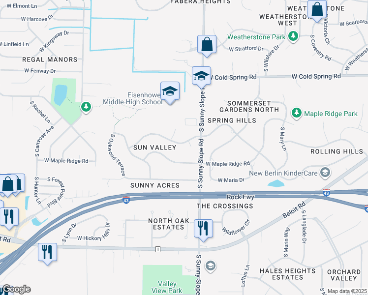 map of restaurants, bars, coffee shops, grocery stores, and more near 14101 West Sun Valley Drive in New Berlin