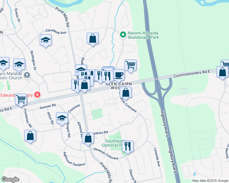 map of restaurants, bars, coffee shops, grocery stores, and more near 1155 Commissioners Road East in London