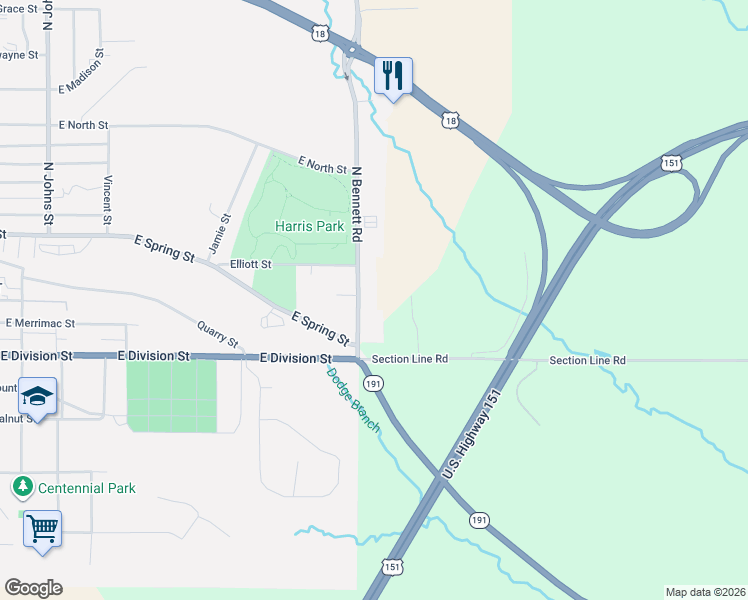 map of restaurants, bars, coffee shops, grocery stores, and more near 501 North Bennett Road in Dodgeville