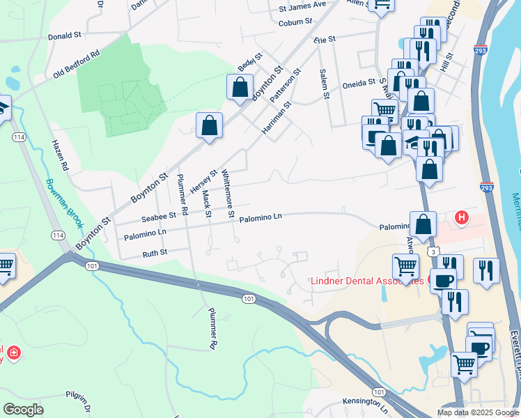 map of restaurants, bars, coffee shops, grocery stores, and more near 48 Palomino Lane in Bedford