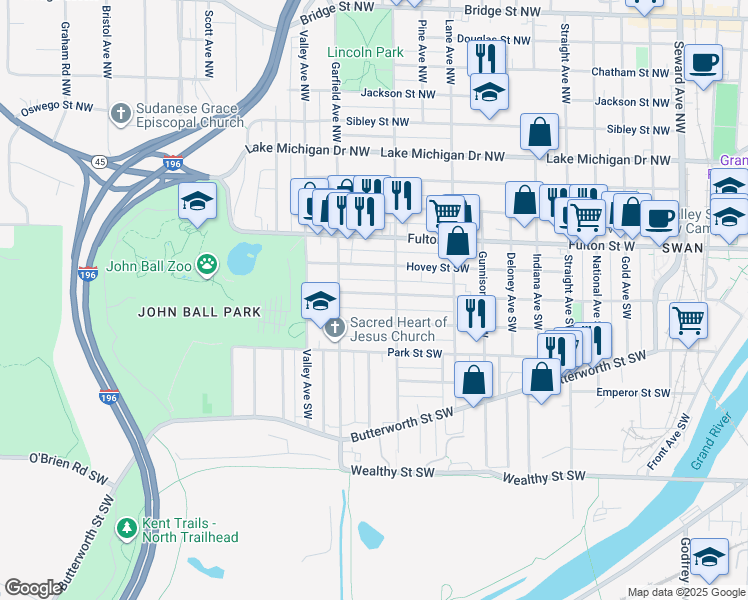 map of restaurants, bars, coffee shops, grocery stores, and more near 1122 Watson Street Southwest in Grand Rapids
