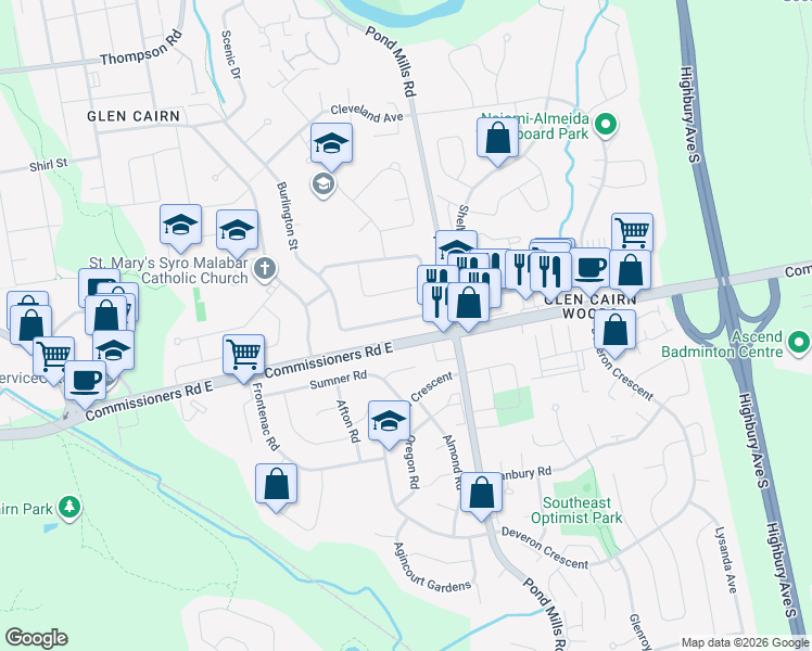 map of restaurants, bars, coffee shops, grocery stores, and more near 307 Burlington Crescent in London