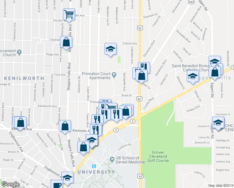 map of restaurants, bars, coffee shops, grocery stores, and more near 99 Brant Street in Buffalo