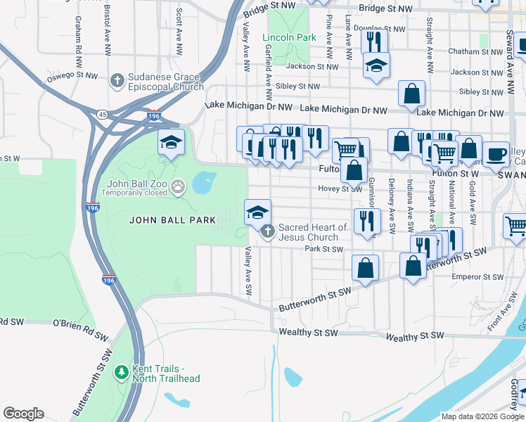 map of restaurants, bars, coffee shops, grocery stores, and more near 1212 Watson Street Southwest in Grand Rapids
