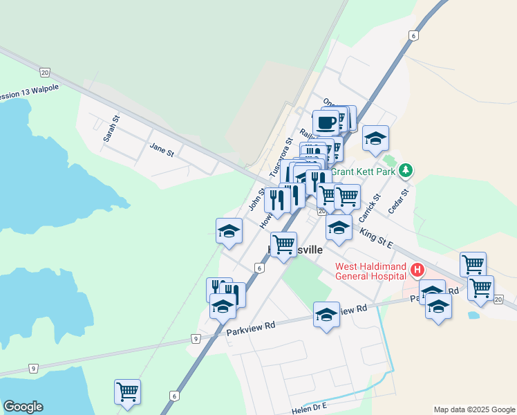 map of restaurants, bars, coffee shops, grocery stores, and more near 17 John Street in Caledonia