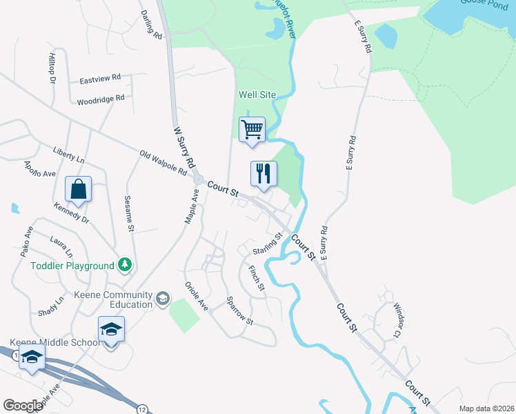map of restaurants, bars, coffee shops, grocery stores, and more near 796 Court Street in Keene