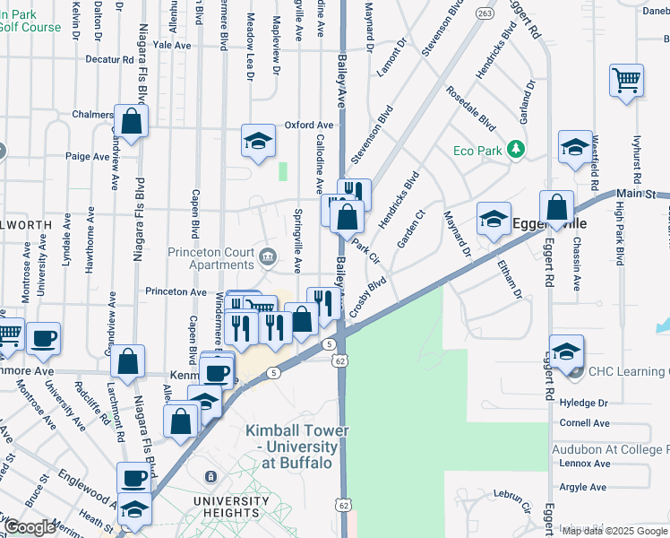 map of restaurants, bars, coffee shops, grocery stores, and more near 85 Callodine Avenue in Buffalo