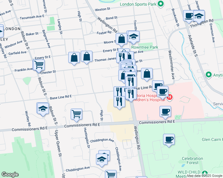 map of restaurants, bars, coffee shops, grocery stores, and more near in London