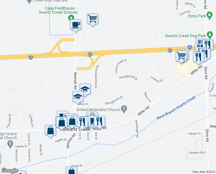 map of restaurants, bars, coffee shops, grocery stores, and more near 4369 West Roundhouse Road in Swartz Creek