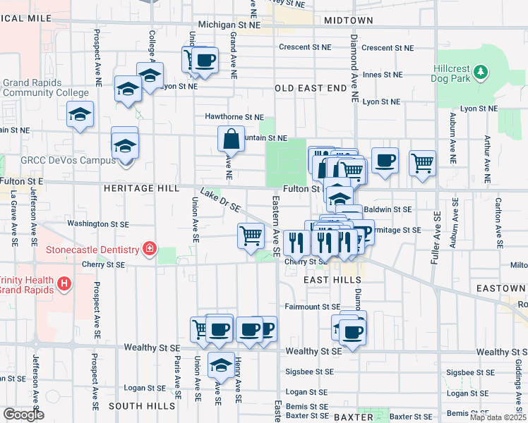 map of restaurants, bars, coffee shops, grocery stores, and more near 733 Lake Drive Southeast in Grand Rapids