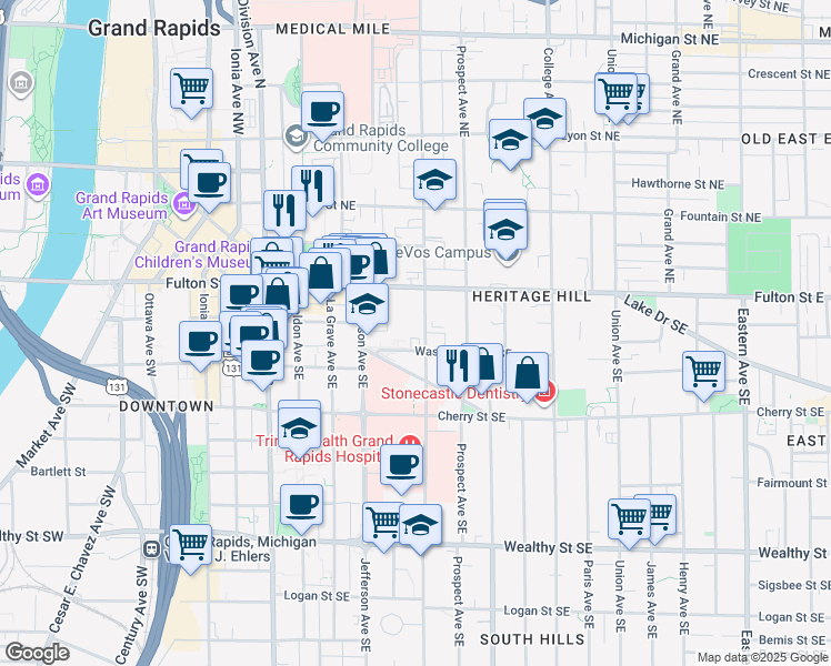 map of restaurants, bars, coffee shops, grocery stores, and more near 255 Washington Street Southeast in Grand Rapids