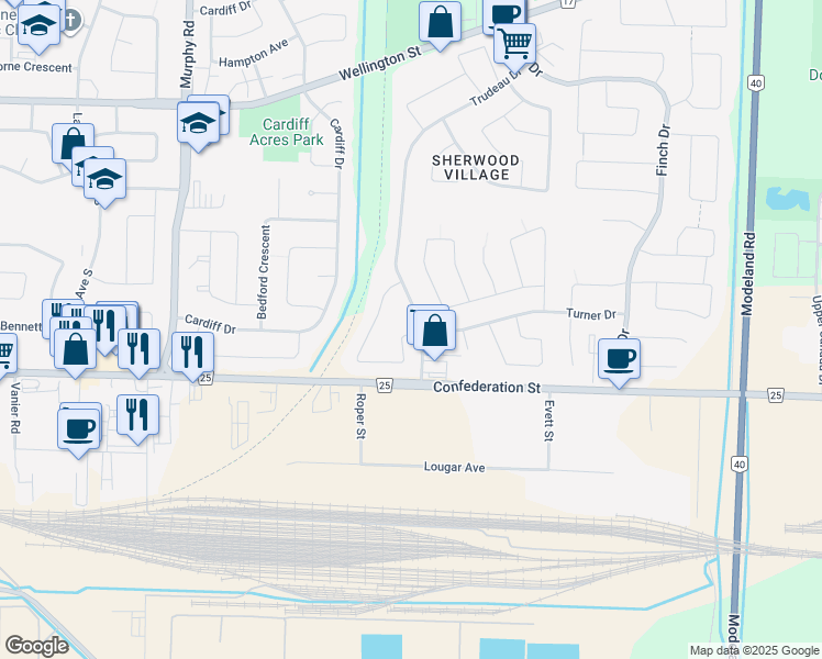 map of restaurants, bars, coffee shops, grocery stores, and more near 95 D'Andrea Trail in Sarnia