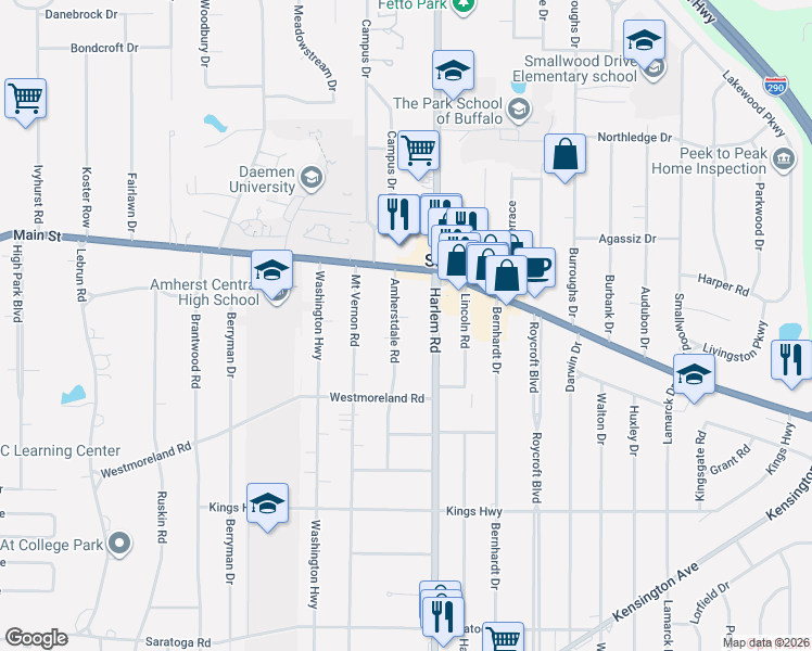 map of restaurants, bars, coffee shops, grocery stores, and more near 4318 Harlem Road in Buffalo