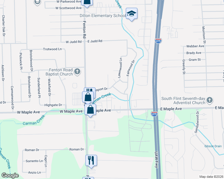 map of restaurants, bars, coffee shops, grocery stores, and more near 1072 Davenport Drive in Burton