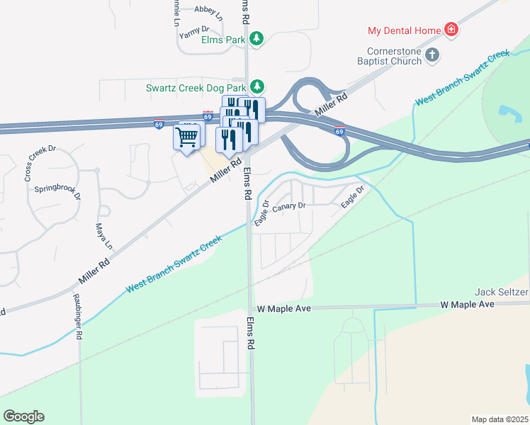 map of restaurants, bars, coffee shops, grocery stores, and more near 34 Eagle Drive in Swartz Creek