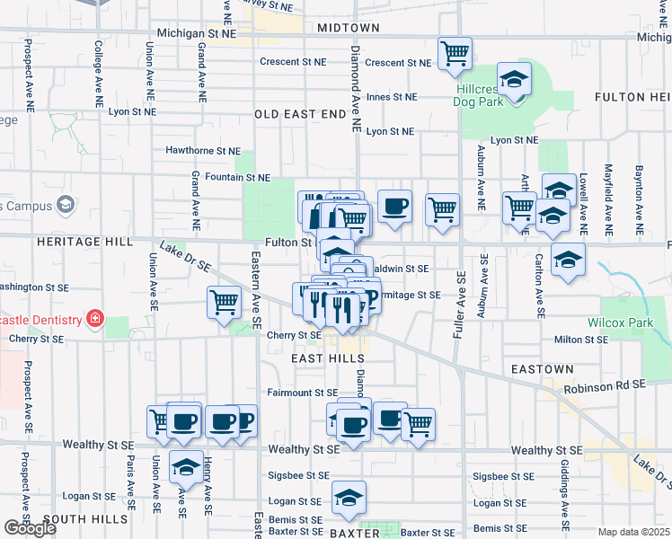 map of restaurants, bars, coffee shops, grocery stores, and more near 940 Baldwin Street Southeast in Grand Rapids