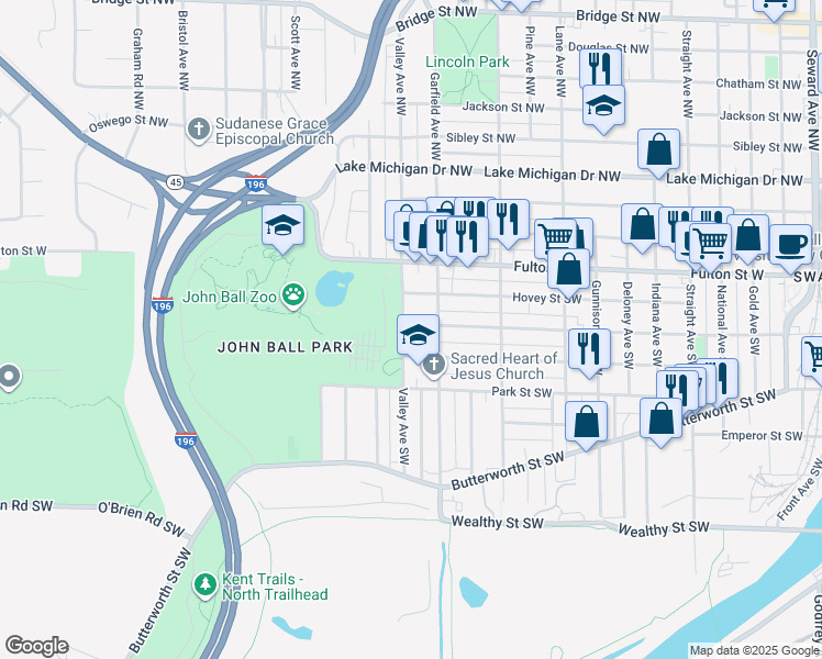 map of restaurants, bars, coffee shops, grocery stores, and more near 100 Valley Avenue Southwest in Grand Rapids