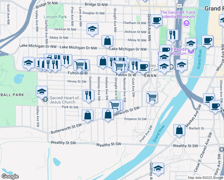 map of restaurants, bars, coffee shops, grocery stores, and more near 811 Watson Street Southwest in Grand Rapids