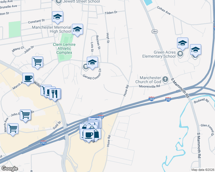 map of restaurants, bars, coffee shops, grocery stores, and more near 377 Huse Road in Manchester