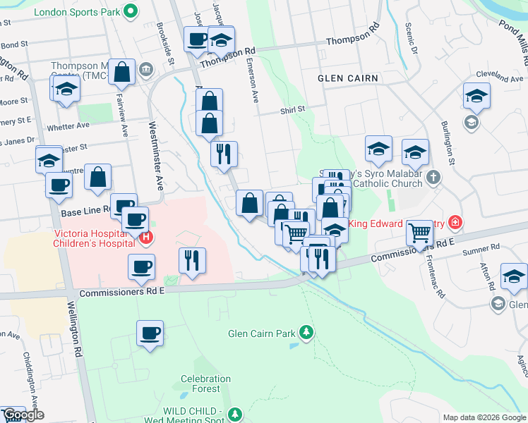 map of restaurants, bars, coffee shops, grocery stores, and more near 270 Adelaide Street South in London