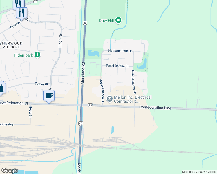 map of restaurants, bars, coffee shops, grocery stores, and more near 838 Upper Canada Drive in Sarnia