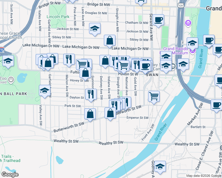 map of restaurants, bars, coffee shops, grocery stores, and more near 840 Watson Street Southwest in Grand Rapids