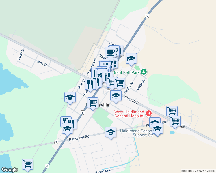 map of restaurants, bars, coffee shops, grocery stores, and more near 22 King Street East in Hagersville
