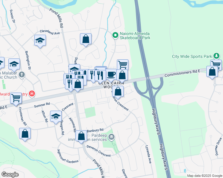 map of restaurants, bars, coffee shops, grocery stores, and more near 1155 Commissioners Road East in London
