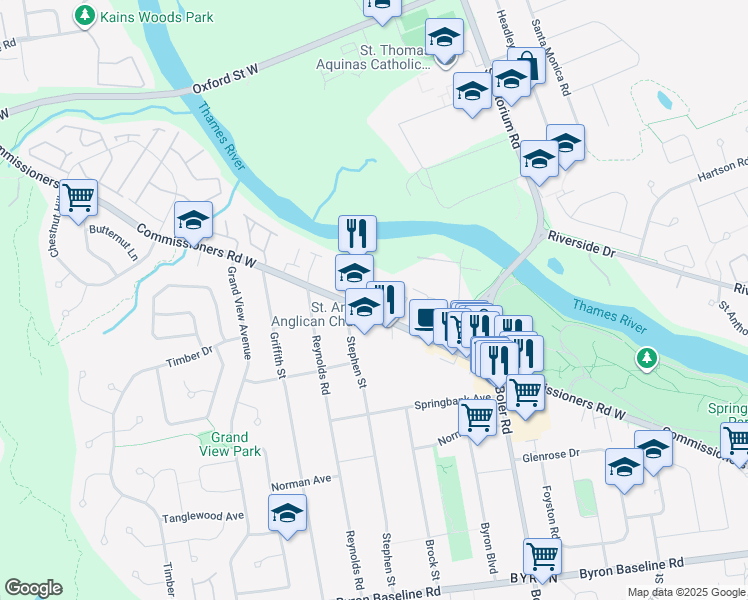 map of restaurants, bars, coffee shops, grocery stores, and more near 1349 Commissioners Road West in London
