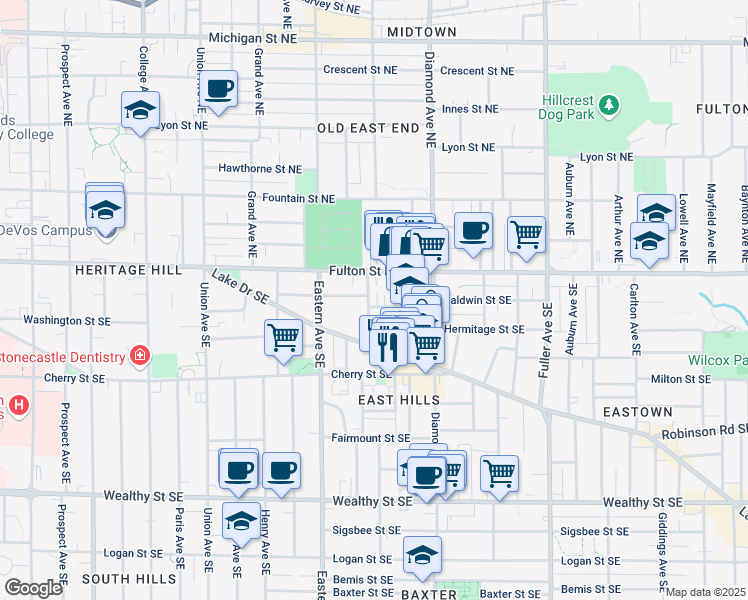 map of restaurants, bars, coffee shops, grocery stores, and more near 100 Dwight Avenue Southeast in Grand Rapids