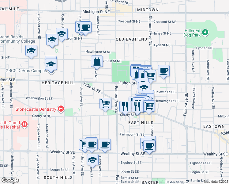 map of restaurants, bars, coffee shops, grocery stores, and more near 733 Lake Drive Southeast in Grand Rapids
