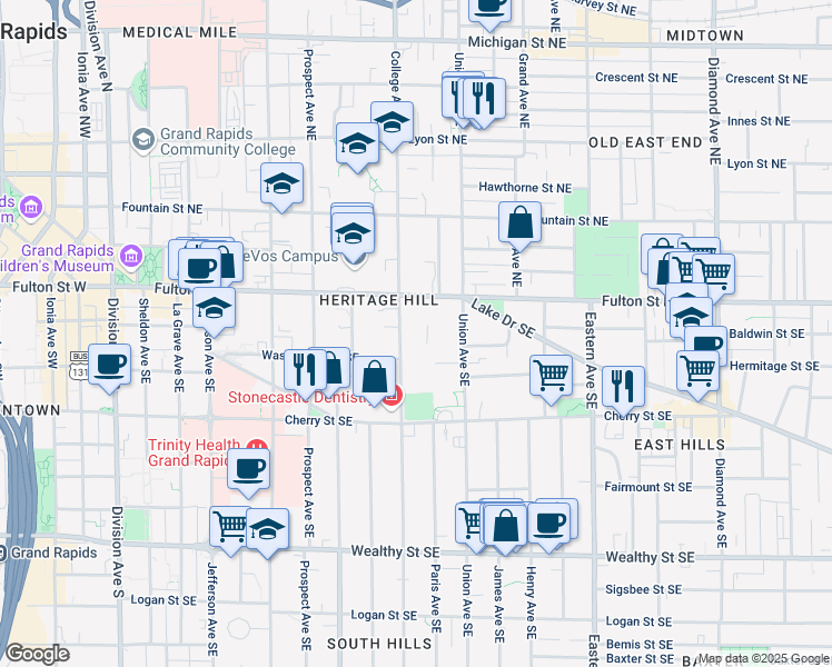 map of restaurants, bars, coffee shops, grocery stores, and more near 50 College Avenue Southeast in Grand Rapids