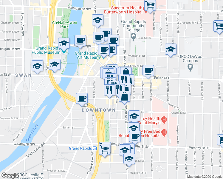 map of restaurants, bars, coffee shops, grocery stores, and more near 59 Commerce Avenue Southwest in Grand Rapids