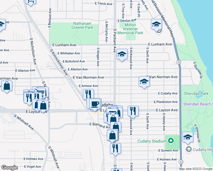 map of restaurants, bars, coffee shops, grocery stores, and more near 3547 East Armour Avenue in Cudahy