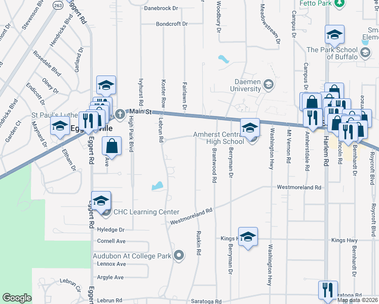 map of restaurants, bars, coffee shops, grocery stores, and more near 50 Ruskin Road in Buffalo