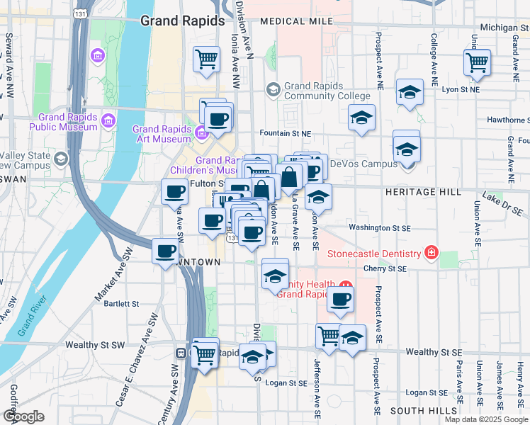 map of restaurants, bars, coffee shops, grocery stores, and more near 55 Sheldon Avenue Southeast in Grand Rapids